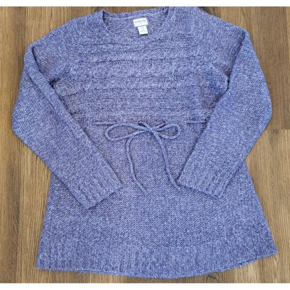 Motherhood Maternity Sweater Womens L Purple Cable Knit Tie Waist Pullover